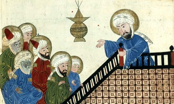 Miniatura que muestra a Mahoma hablando a sus fieles