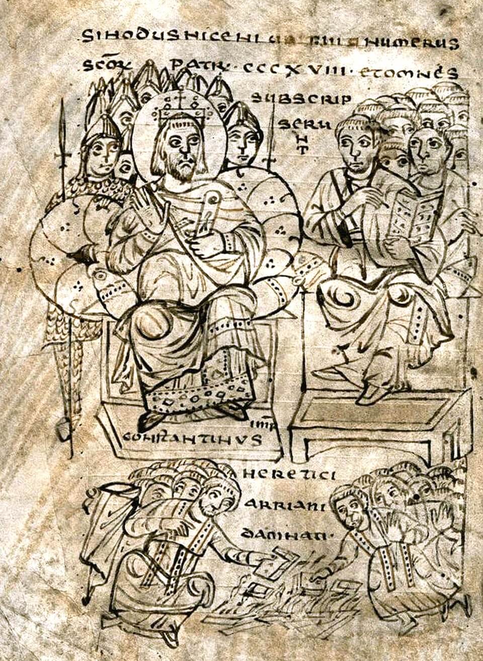 Imagen de Constantino quemando los textos del arrianismo
