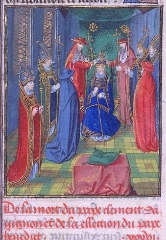 Coronación de Benedicto XIII, el papa Luna, en un manuscrito del siglo XIV